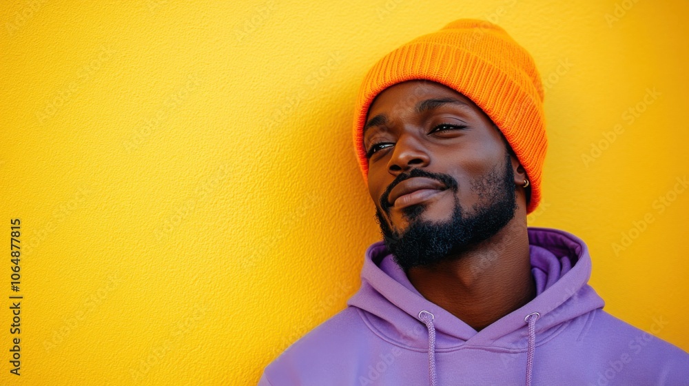 Man wearing a hat and a purple sweatshirt Man wearing a hat and a purple sweatshirt