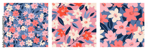 Set of hand drawn flowers, seamless patterns with floral for fabric, textiles, clothing, wrapping paper, cover, banner, interior decor, abstract backgrounds.