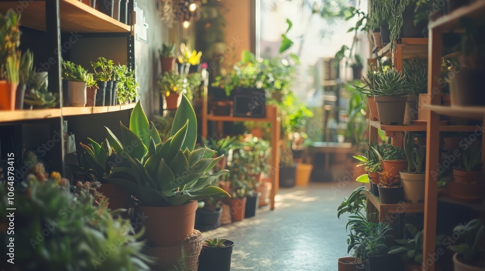 A cozy plant shop with the owner watering succulents and offering plant care tips to customers A cozy plant shop with the owner watering succulents and offering plant care tips to customers