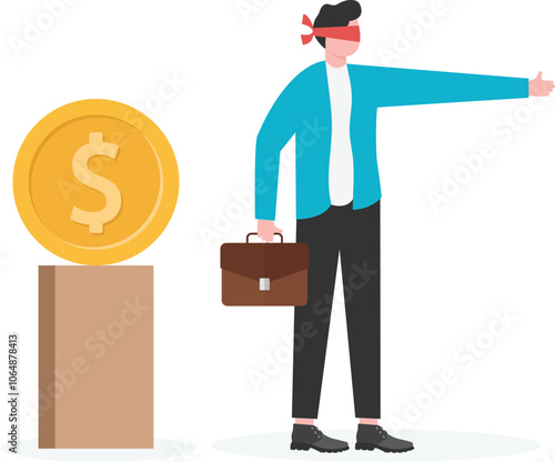 Businessman blindfolded with money direction

