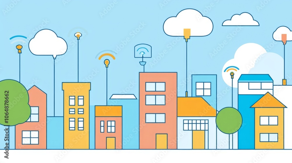 City interconnection, Internet connection over city, Internet icon over city City interconnection, Internet connection over city, Internet icon over city