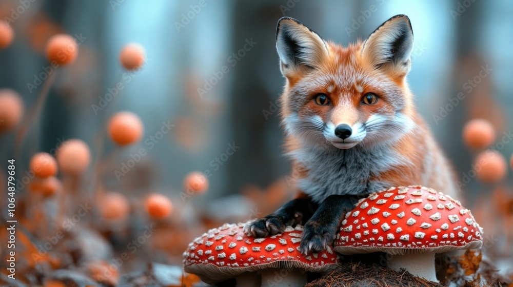 Naklejka premium A curious fox rests its paws on vibrant red mushrooms in a mystical forest, AI