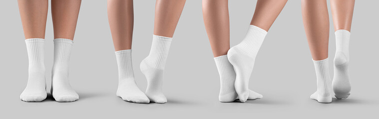 Mockup of white medium socks on female feet, presentation of gaiters with stretched legs, isolated on background, side, back, front view. Set