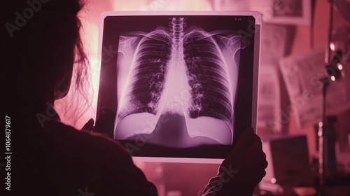 Aerial view of a coastal town devastated by ahurricane, with uprooted trees, destroyed homes,
Doctor carefully examines X-rayfilm of patient's lungs, identifyingCOVID-19 complications, withmedical ins photo