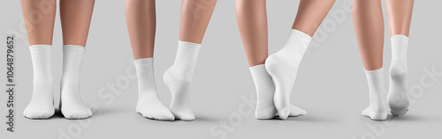 Mockup of white medium socks on female feet, presentation of gaiters with stretched legs, isolated on background, side, back, front view. Set
