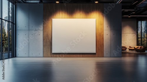 Blank Press Wall in Exhibition Hall Illuminated by Spotlight photo