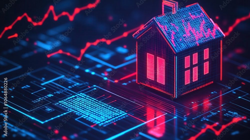 A digital house model sits on a futuristic data chart, symbolizing real estate trends and market analysis in technology. A digital house model sits on a futuristic data chart, symbolizing real estate trends and market analysis in technology.