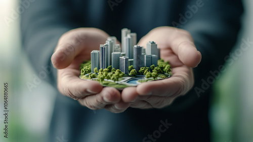 The composition captures a man hands gently holding a miniature cityscape, filled with tiny buildings, green trees, and a winding river. The city model appears vibrant and lifelike in his cupped photo