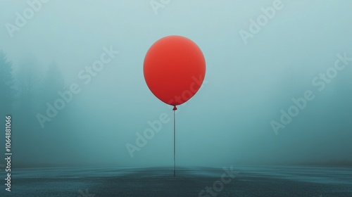 Bright Red Balloon on a Foggy Street