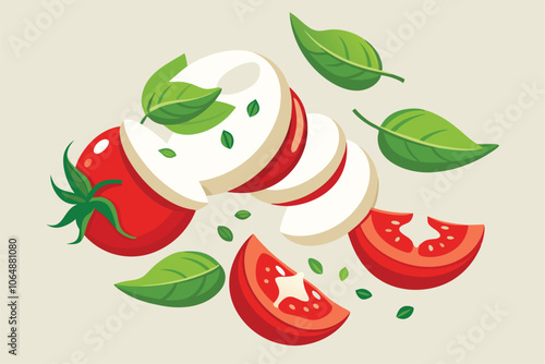 Falling Slices of Mozzarella, Fresh Tomatoes, and Basil Leaves Isolated on White Background.