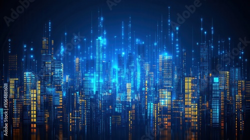 A futuristic city skyline illuminated with vibrant blue lights, showcasing a blend of modern architecture and digital innovation.