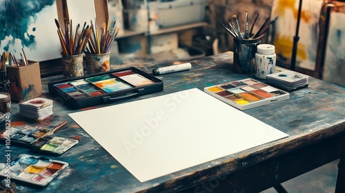 Watercolor brushes and paper mockup. Artist desk scene with blank paper and watercolor kit. Color tablets in a case and empty paper mockup.