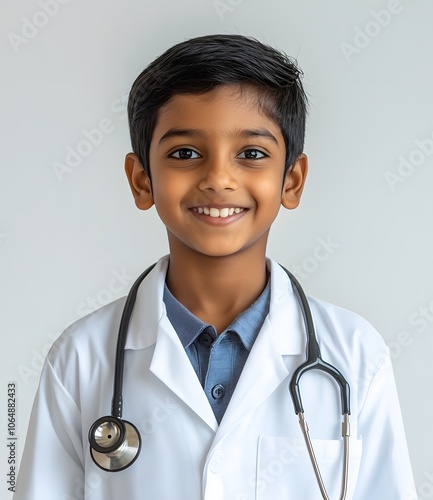 Portrait of a Smiling Young Boy in a White Doctor's Coat with a Stethoscope photo