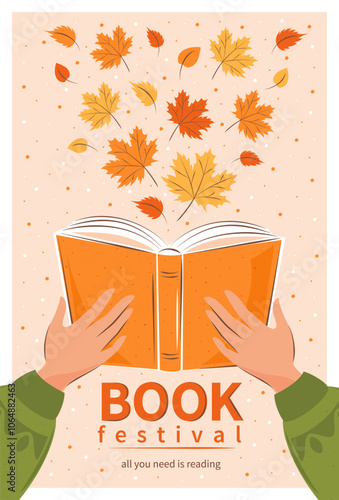 Book festival banner for bookstore, bookshop or library. Hands holding books with autumn bright leaves. Vector illustration for poster, cover, marketing, sale.
