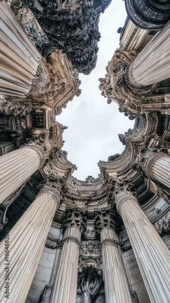 A view of ornate columns and architectural details from below, framed by a cloudy sky. A view of ornate columns and architectural details from below, framed by a cloudy sky.