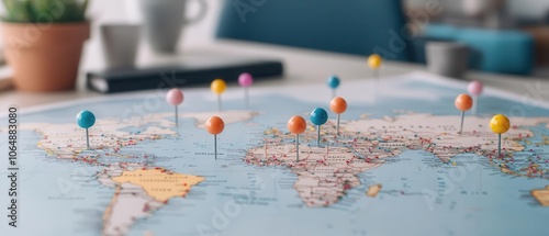 A world map spread across a desk, multiple colorful pins marking famous landmarks, symbolizing global tourism and dream destinations