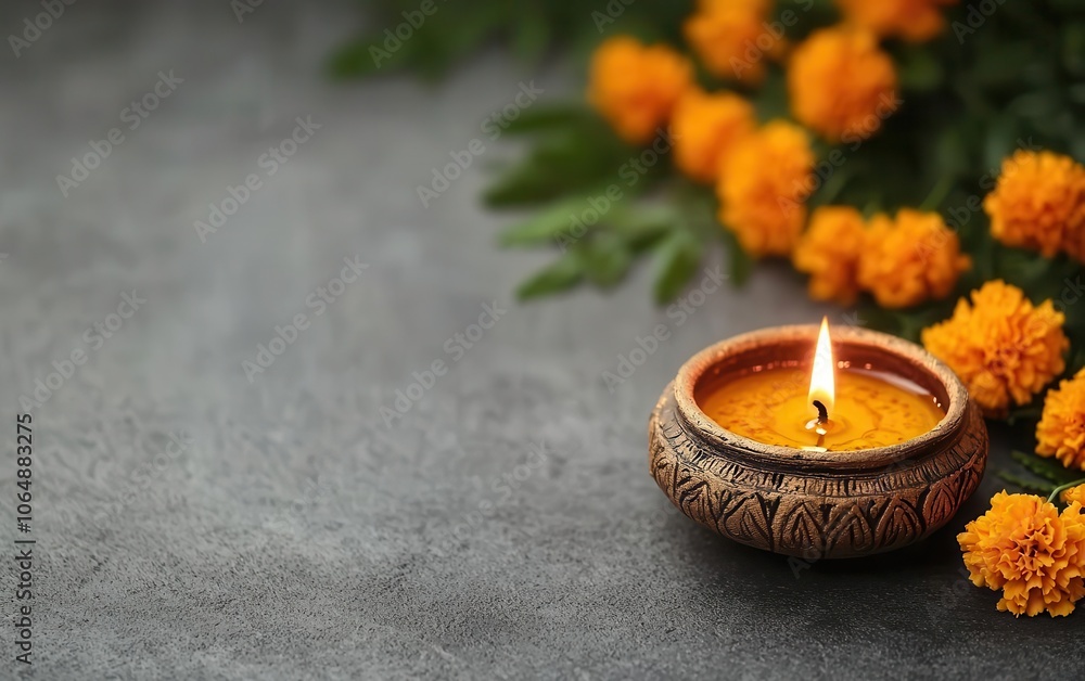 Closeup of a diya glowing in the darkness, surrounded by marigolds, sacred moment Closeup of a diya glowing in the darkness, surrounded by marigolds, sacred moment