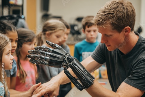 Teacher demonstrating robotic bionic arm to curious children, exploring technology interaction, education concept