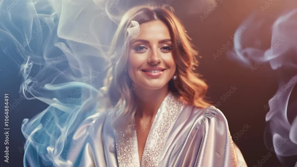 Graceful elegance: woman enveloped in dreamy silk and ethereal smoke Graceful elegance: woman enveloped in dreamy silk and ethereal smoke