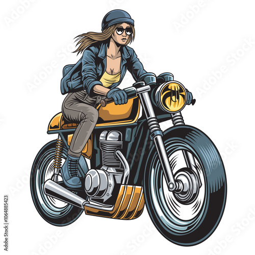 Vector Illustration of Cafe Racer Lady Rider with Detailed Vintage Illustration