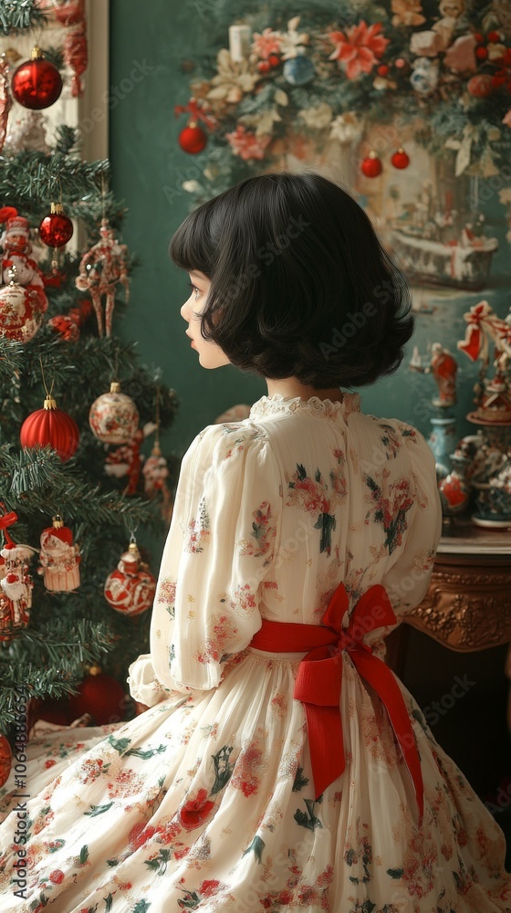 Obraz premium Vintage Christmas Dress, Little Girl in Victorian Outfit, Holiday Fashion