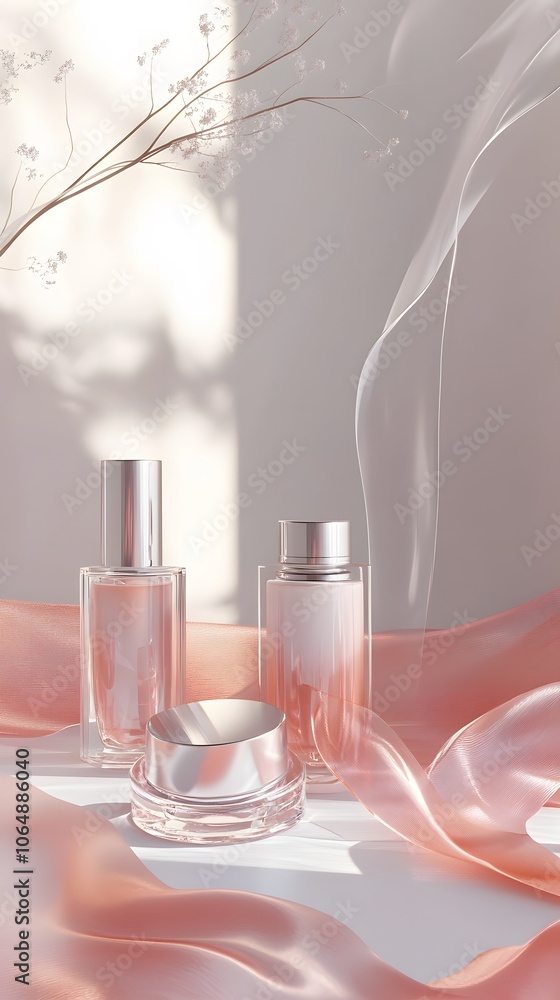 Skincare Products Displayed on Pink Satin Fabric with Dried Flowers Skincare Products Displayed on Pink Satin Fabric with Dried Flowers