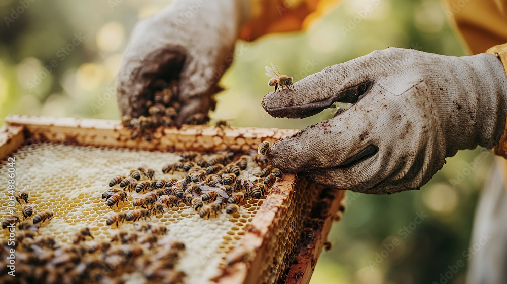 Close-Up of a Beekeeper Inspecting Honeycomb: A Gentle Interaction with Busy Bees Close-Up of a Beekeeper Inspecting Honeycomb: A Gentle Interaction with Busy Bees