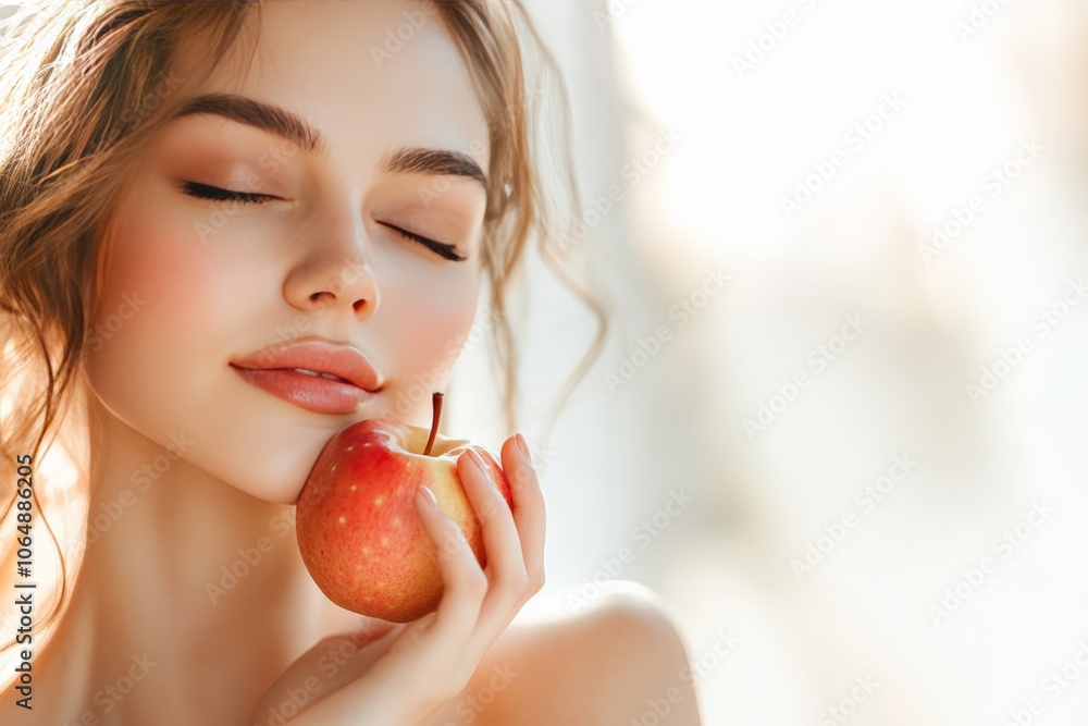 Serene woman enjoying apple, healthy lifestyle, radiant skin, natural beauty, peaceful moment, wellness, relaxation, nutrition, fresh complexion concept Serene woman enjoying apple, healthy lifestyle, radiant skin, natural beauty, peaceful moment, wellness, relaxation, nutrition, fresh complexion concept