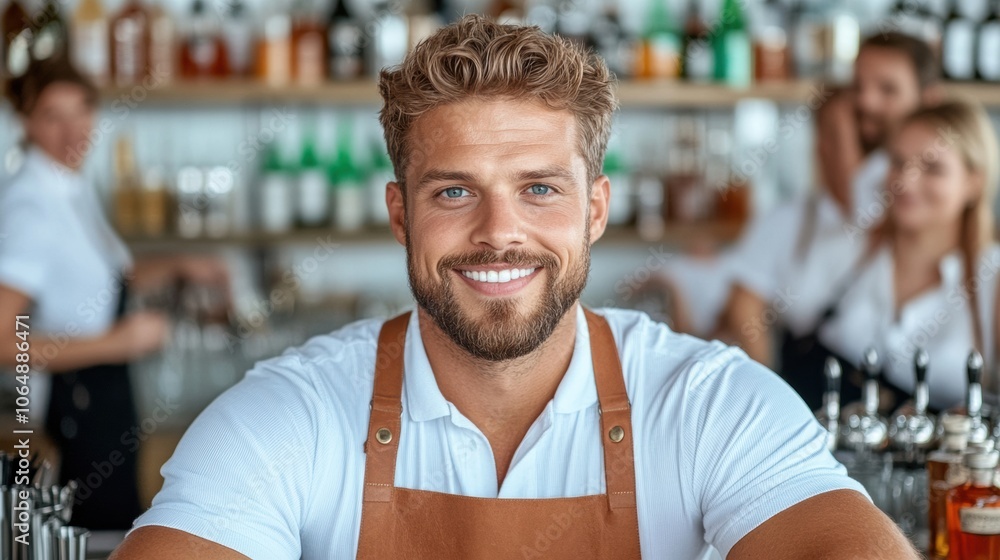 Obraz premium Smiling bartender in a lively bar setting with bottles in the background, AI