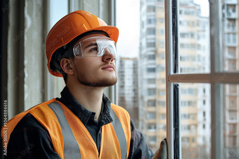 Construction worker wearing safety gear, contemplating city landscape, urban development concept Construction worker wearing safety gear, contemplating city landscape, urban development concept