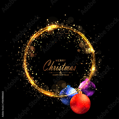 Merry Christmas. Isolated gold wreath with Christmas toys.