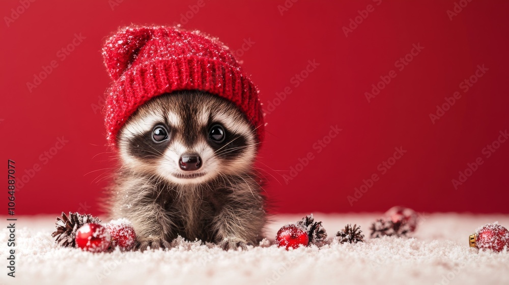 Cute cozy racoon enjoys snowy winter Christmas banner. Cute happy pet portrait. Seasonal banner design with place for text. Cute cozy racoon enjoys snowy winter Christmas banner. Cute happy pet portrait. Seasonal banner design with place for text.