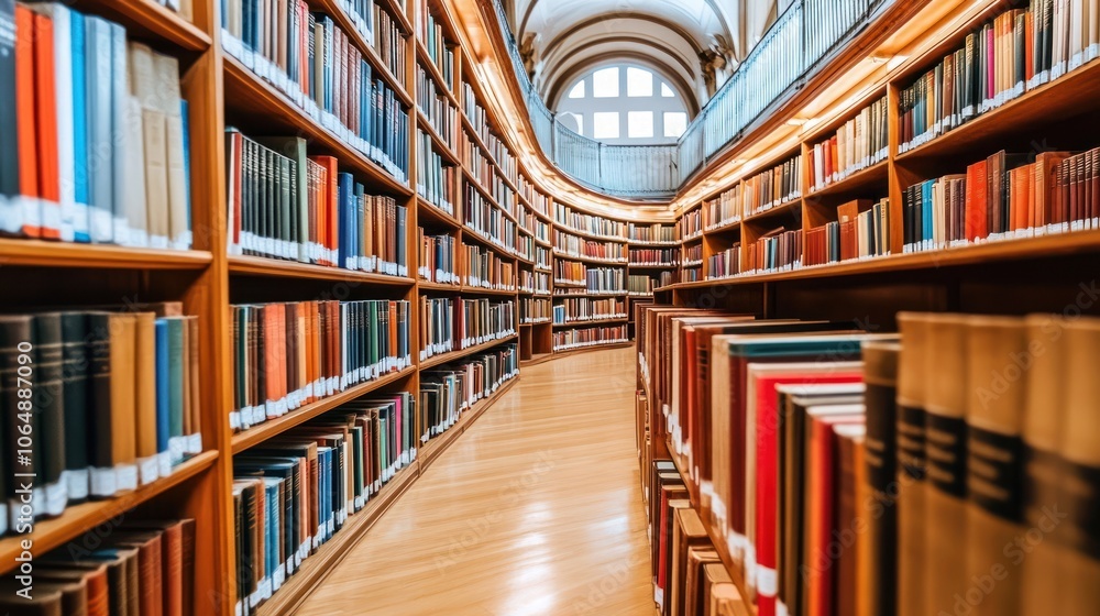 Fototapeta premium A serene library with wooden shelves filled with books, inviting exploration and learning.