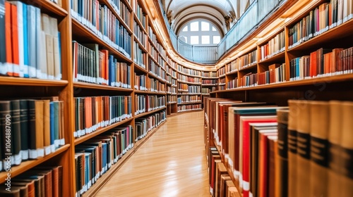 A serene library with wooden shelves filled with books, inviting exploration and learning.