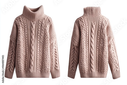 Beige cable knit turtleneck sweater, front and back view on white background photo