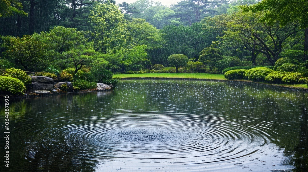 Fototapeta premium A peaceful scene of rain falling gently on a tranquil lake, with ripples forming on the surface and lush greenery reflecting the calming atmosphere.