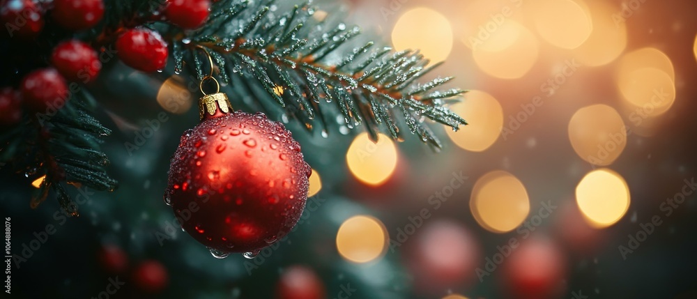 Festive Christmas Decoration, Twinkling Lights on Evergreen Tree Festive Christmas Decoration, Twinkling Lights on Evergreen Tree
