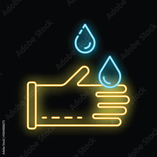 Neon icon of a hand wearing a protective glove with water droplets, representing waterproof concept