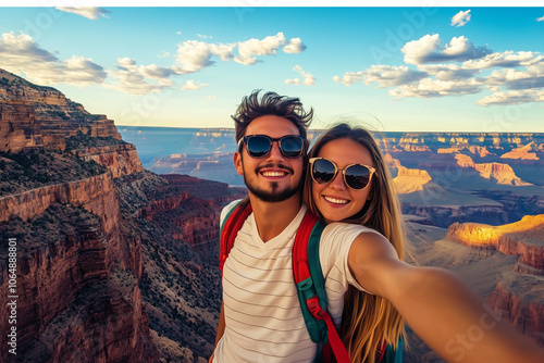 A joyful couple takes a sel...