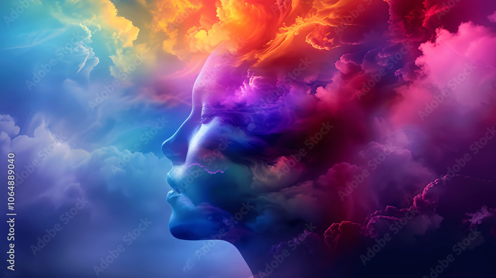 Surreal profile of a face blending with vibrant, colorful clouds, symbolizing imagination, dreams, and the creative mind in an ethereal landscape Surreal profile of a face blending with vibrant, colorful clouds, symbolizing imagination, dreams, and the creative mind in an ethereal landscape