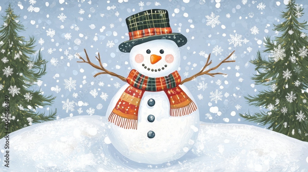 Obraz premium Cheerful Snowman in Snowy Landscape with Cozy Scarf and Hat
