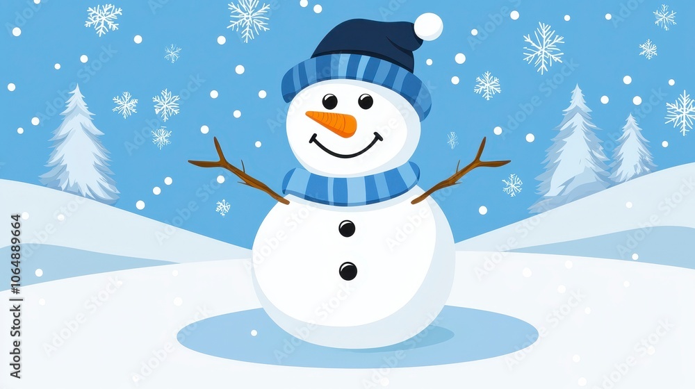 Fototapeta premium Cheerful Snowman in Snowy Landscape with Cozy Scarf and Hat