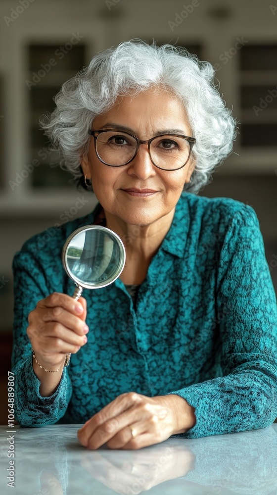 A mature Hispanic woman examines a magnifying glass mockup with admiration in soft light A mature Hispanic woman examines a magnifying glass mockup with admiration in soft light