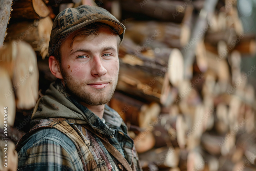 Generative AI image of a handsome virile bearded woodcutter at work in a traditional woodworking workshop Generative AI image of a handsome virile bearded woodcutter at work in a traditional woodworking workshop