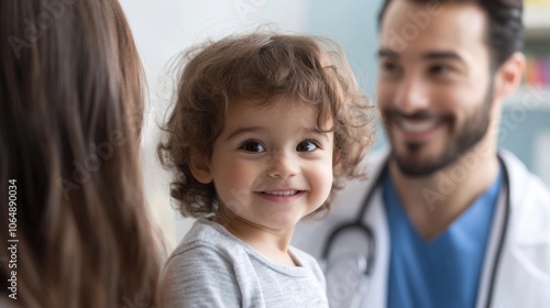 Smiling toddler visiting doctor with mother for checkup