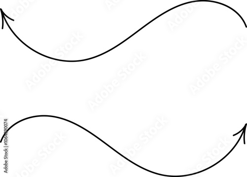 Hand drawn arrows. Handdrawn freehand different curved lines, swirls arrows. Curved arrow line. Doodle, sketch style. Isolated Vector illustration.