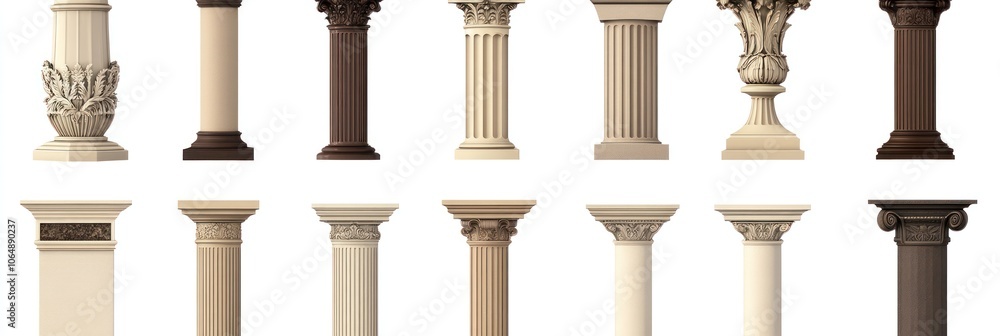 A collection of decorative columns in various styles and colors for architectural design. A collection of decorative columns in various styles and colors for architectural design.