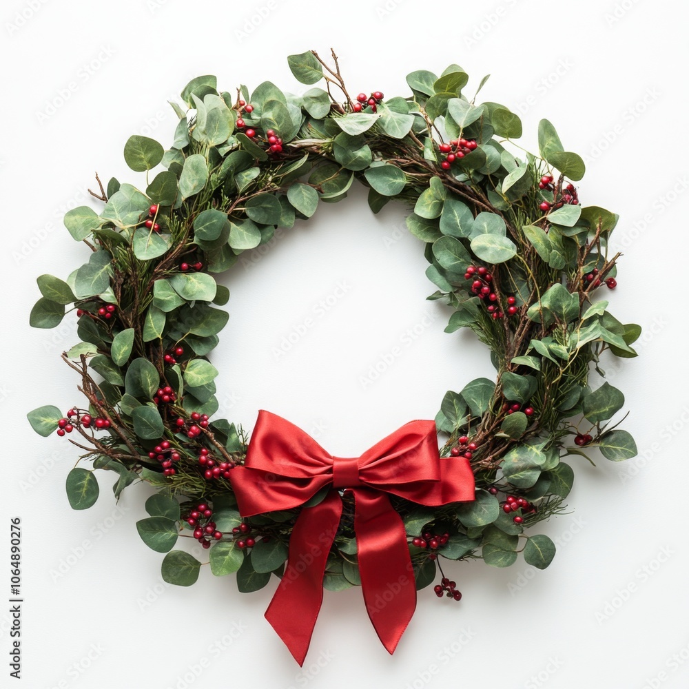 Fototapeta premium Christmas isolated wreath with Cristmas plant. Traditional Xmas isolated floral element with bow. Banner with copy space. Flower frame Noel card.