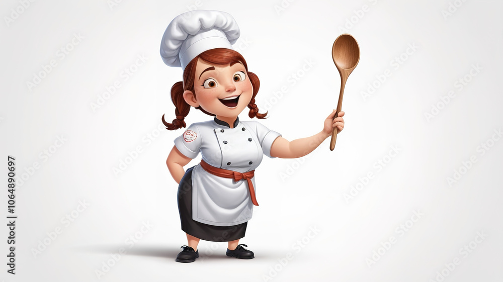 Young female chef with spoon, ready to cook, isolated. Young female chef with spoon, ready to cook, isolated.