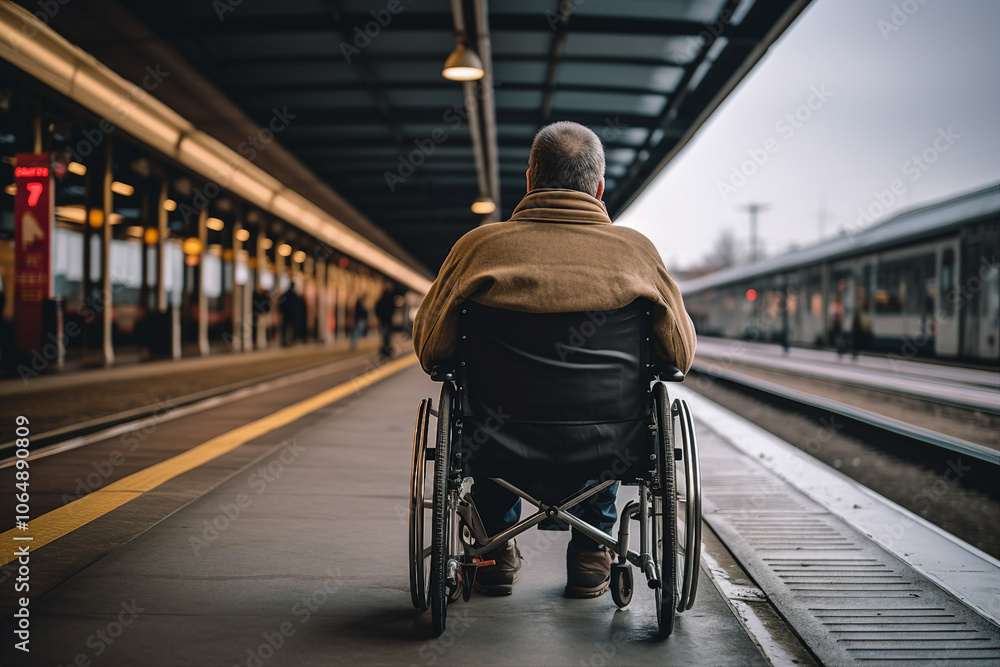 Man in a wheelchair waiting for public transportation made with generative AI Man in a wheelchair waiting for public transportation made with generative AI